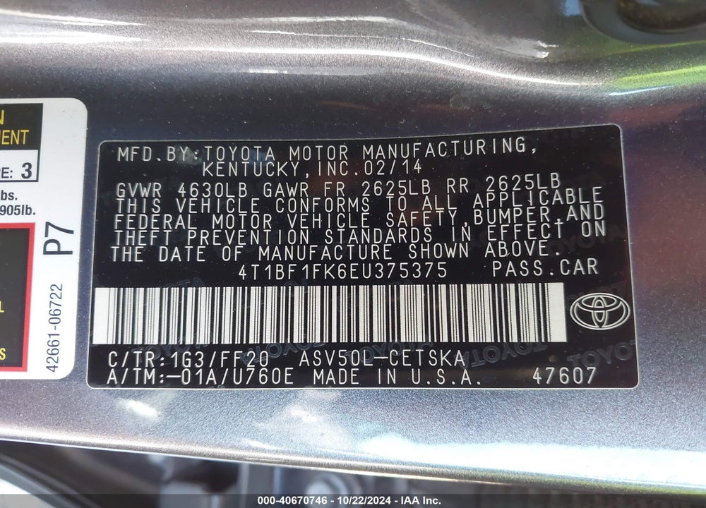 2014 TOYOTA CAMRY SE VIN: 4T1BF1FK6EU375375