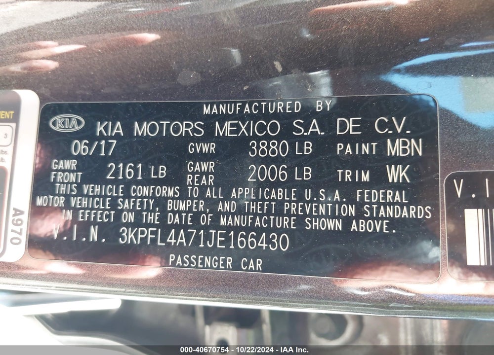 2018 KIA FORTE LX VIN: 3KPFL4A71JE166430