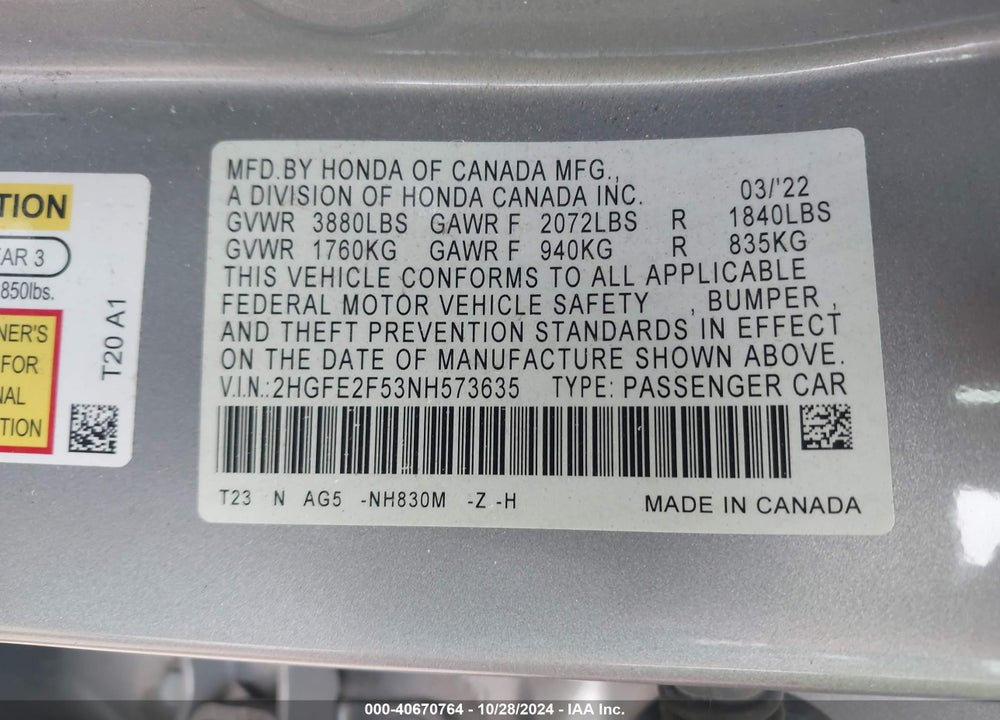 2022 HONDA CIVIC SPORT VIN: 2HGFE2F53NH573635