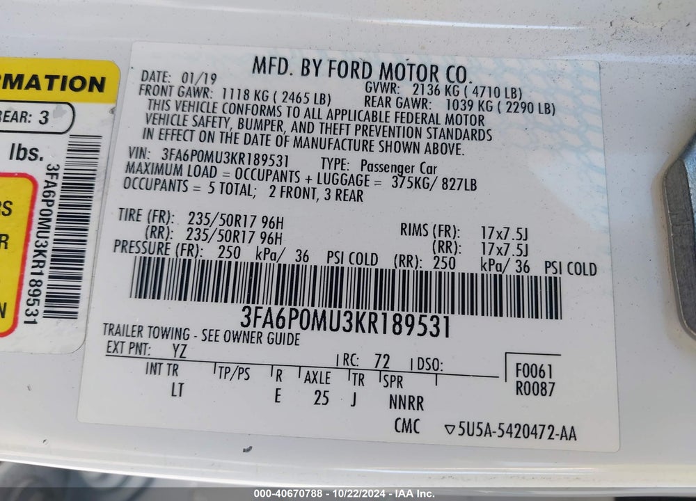 2019 FORD FUSION HYBRID SEL VIN: 3FA6P0MU3KR189531