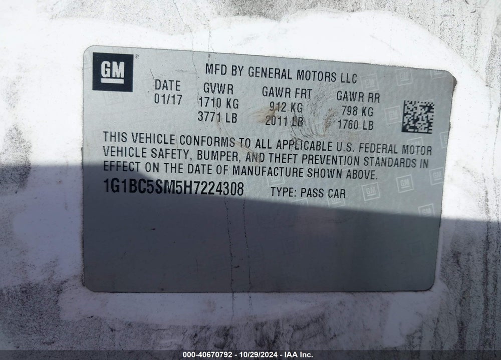 2017 CHEVROLET CRUZE LS AUTO VIN: 1G1BC5SM5H7224308