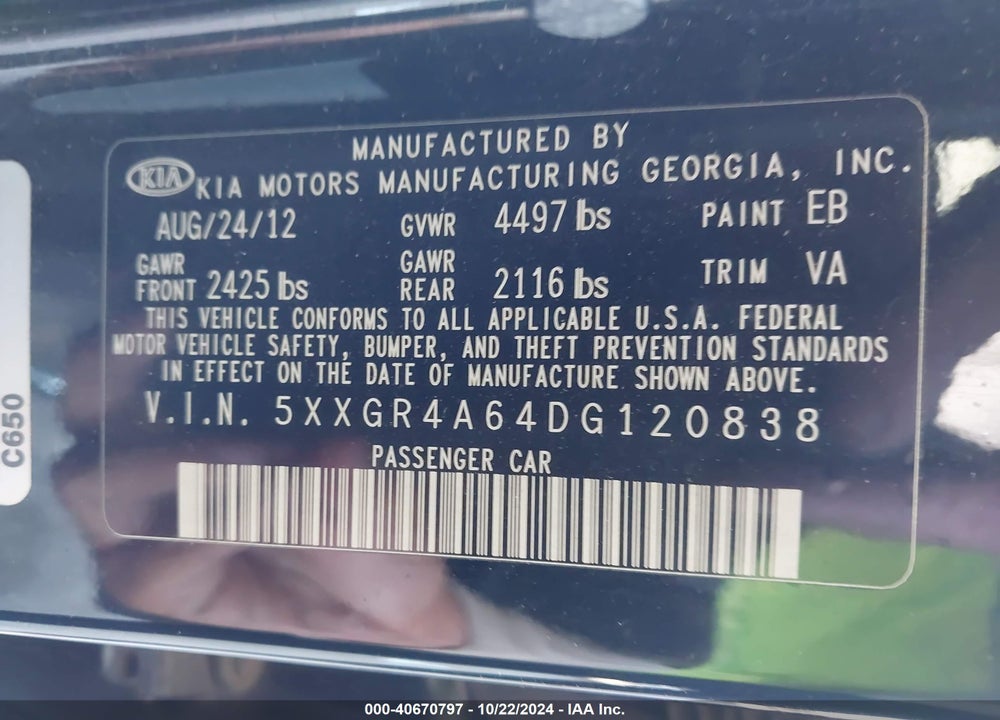 2013 KIA OPTIMA SX VIN: 5XXGR4A64DG120838