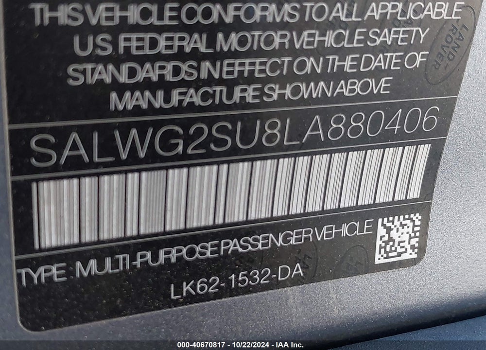 2020 LAND ROVER RANGE ROVER SPORT SE MHEV VIN: SALWG2SU8LA880406