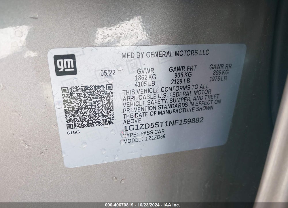 2022 CHEVROLET MALIBU FWD LT VIN: 1G1ZD5ST1NF159882