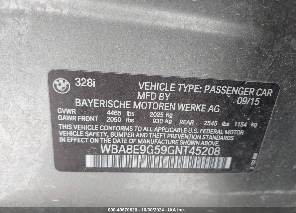 2016 BMW 328I VIN: WBA8E9G59GNT45208