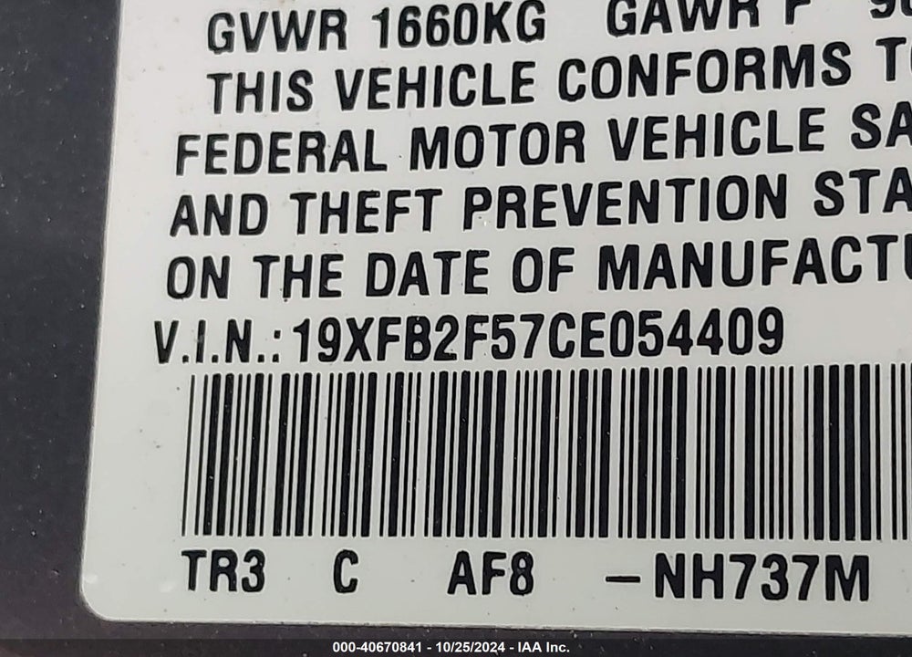 2012 HONDA CIVIC SDN LX VIN: 19XFB2F57CE054409