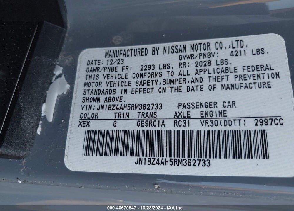 2024 NISSAN Z SPORT AUTO VIN: JN1BZ4AH5RM362733