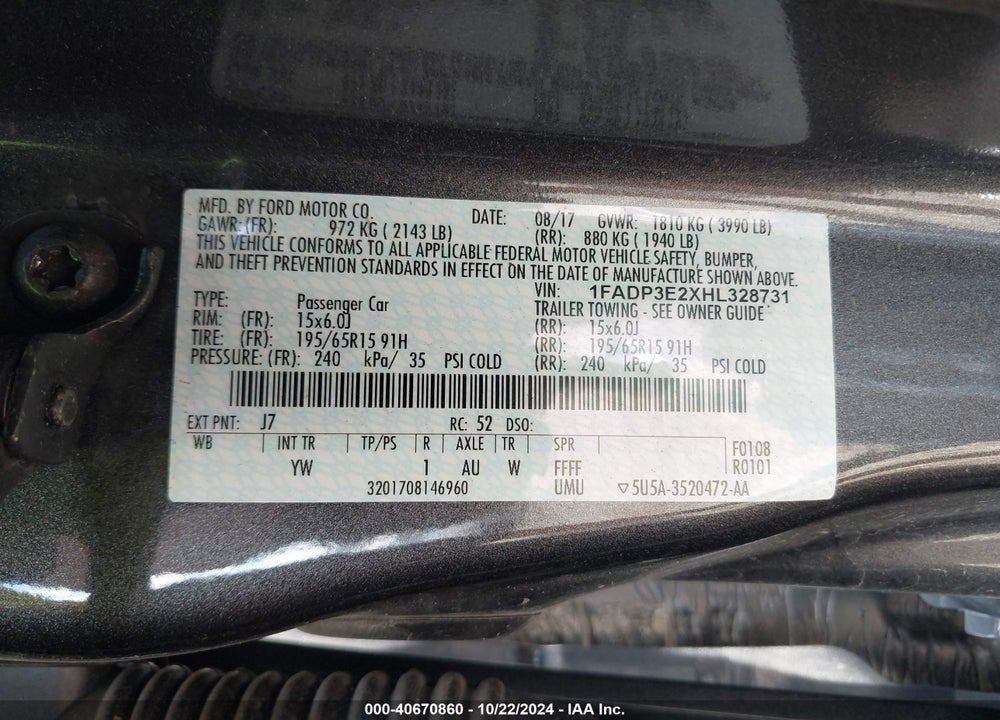 2017 FORD FOCUS S VIN: 1FADP3E2XHL328731
