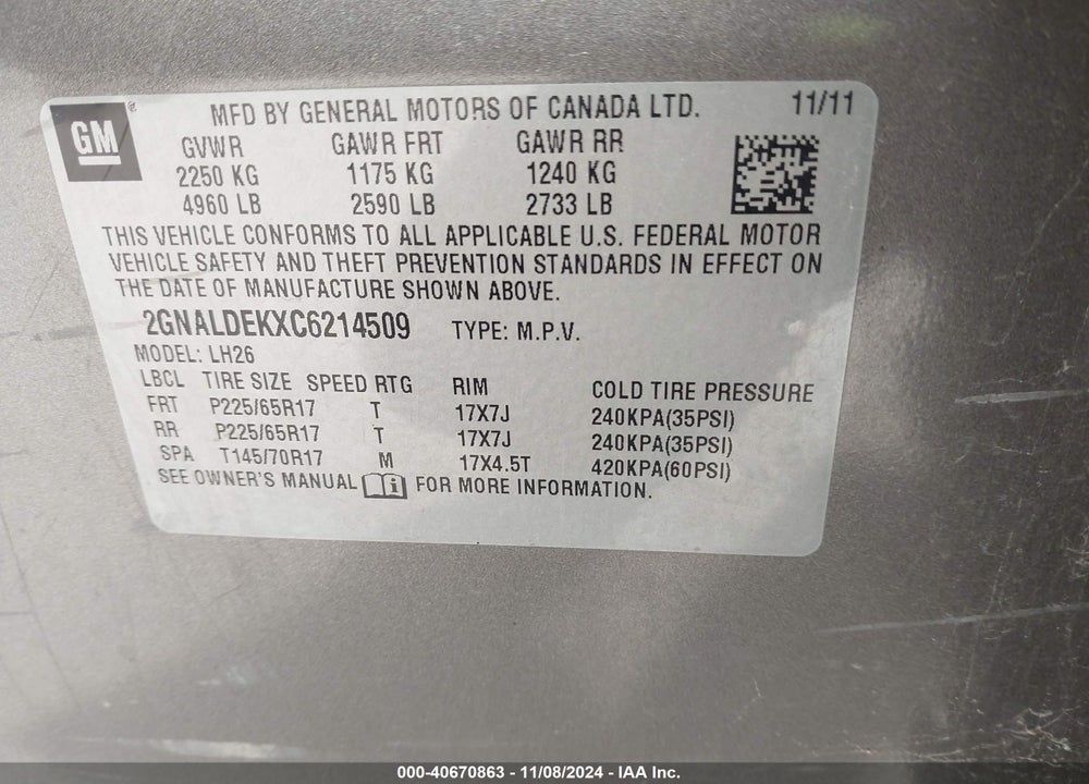 2012 CHEVROLET EQUINOX 1LT VIN: 2GNALDEKXC6214509