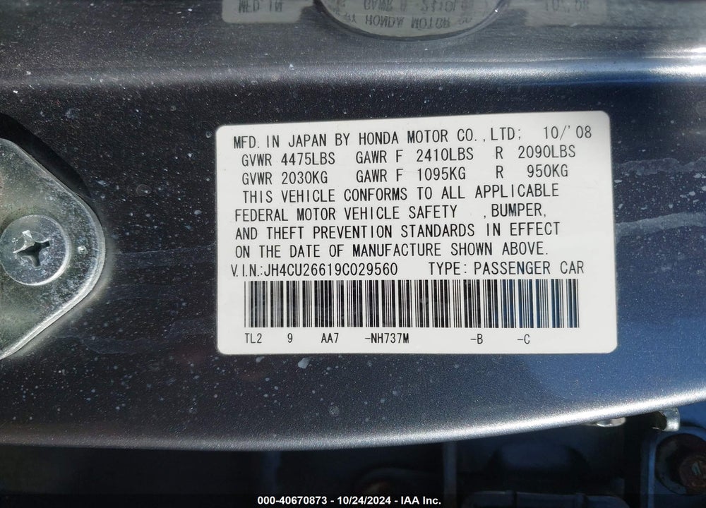 2009 ACURA TSX VIN: JH4CU26619C029560