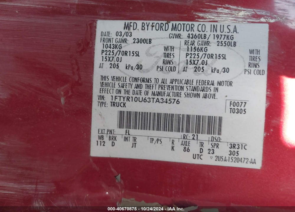 2003 RANGER FORD  EDGE/XL/XLT VIN: 1FTYR10U63TA34576