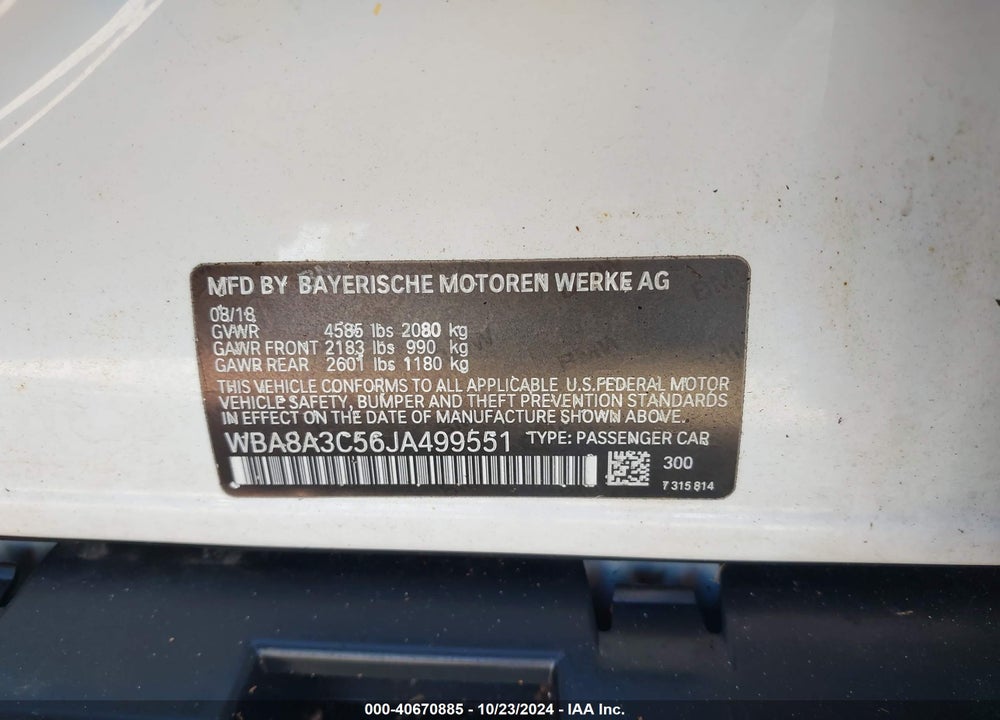 2018 BMW 320I XDRIVE VIN: WBA8A3C56JA499551