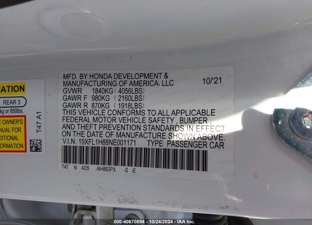 2022 HONDA CIVIC SPORT TOURING VIN: 19XFL1H88NE001171