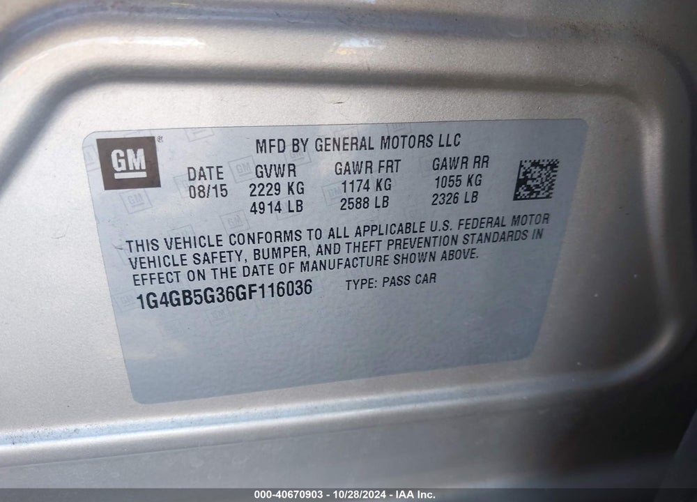 2016 BUICK LACROSSE LEATHER VIN: 1G4GB5G36GF116036