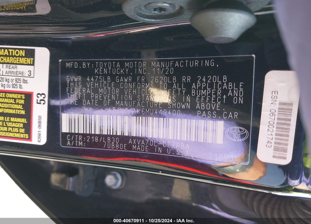 2021 TOYOTA CAMRY XSE VIN: 4T1K61AK6MU419400