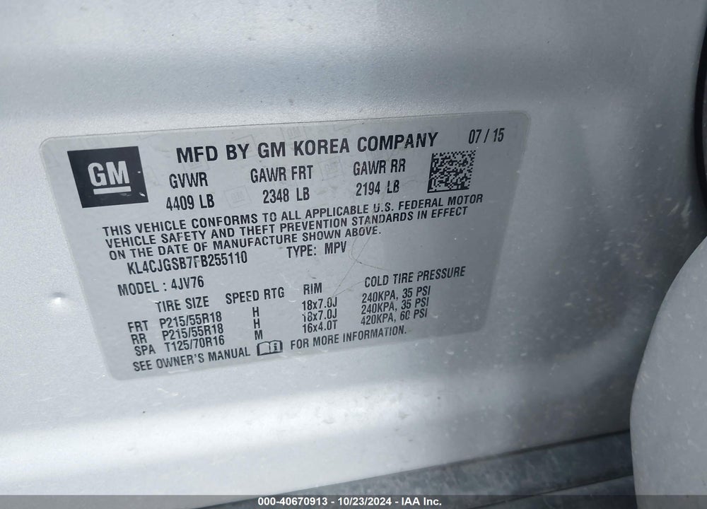 2015 BUICK ENCORE LEATHER VIN: KL4CJGSB7FB255110