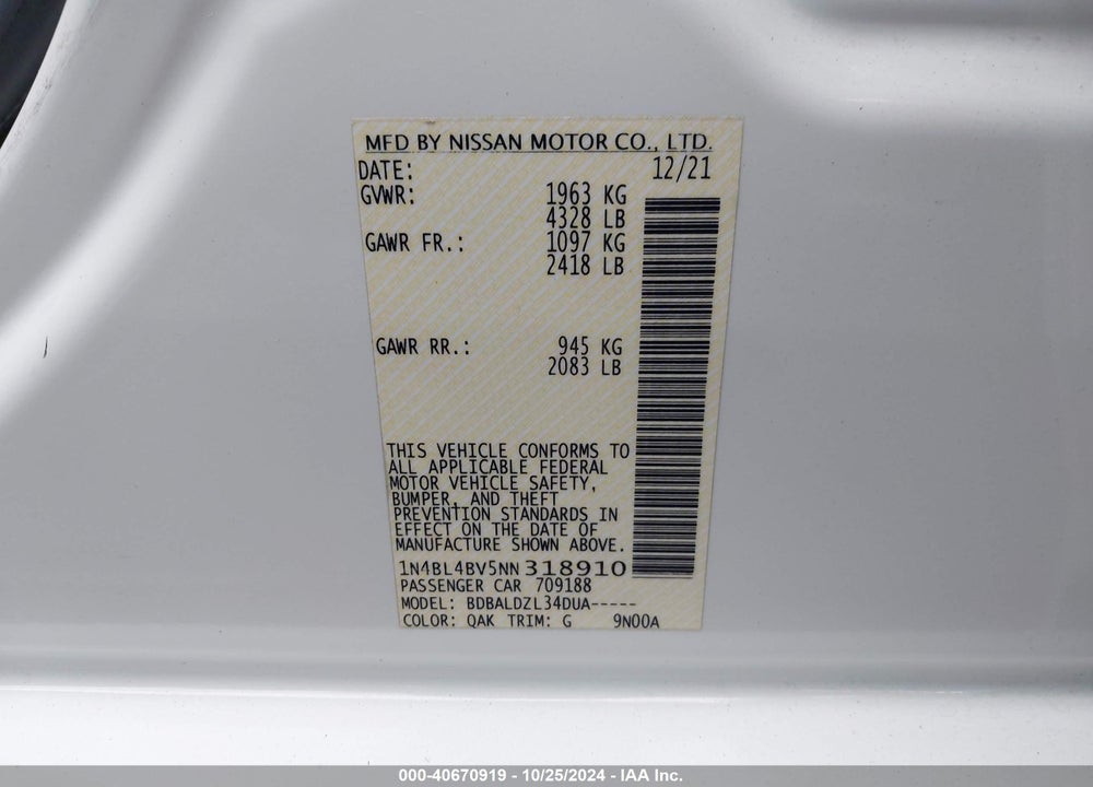 2022 NISSAN ALTIMA S FWD VIN: 1N4BL4BV5NN318910