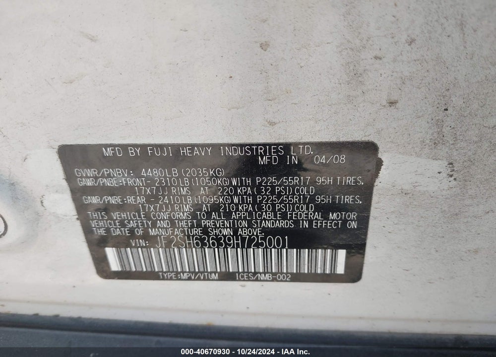 2009 SUBARU FORESTER 2.5X VIN: JF2SH63639H725001