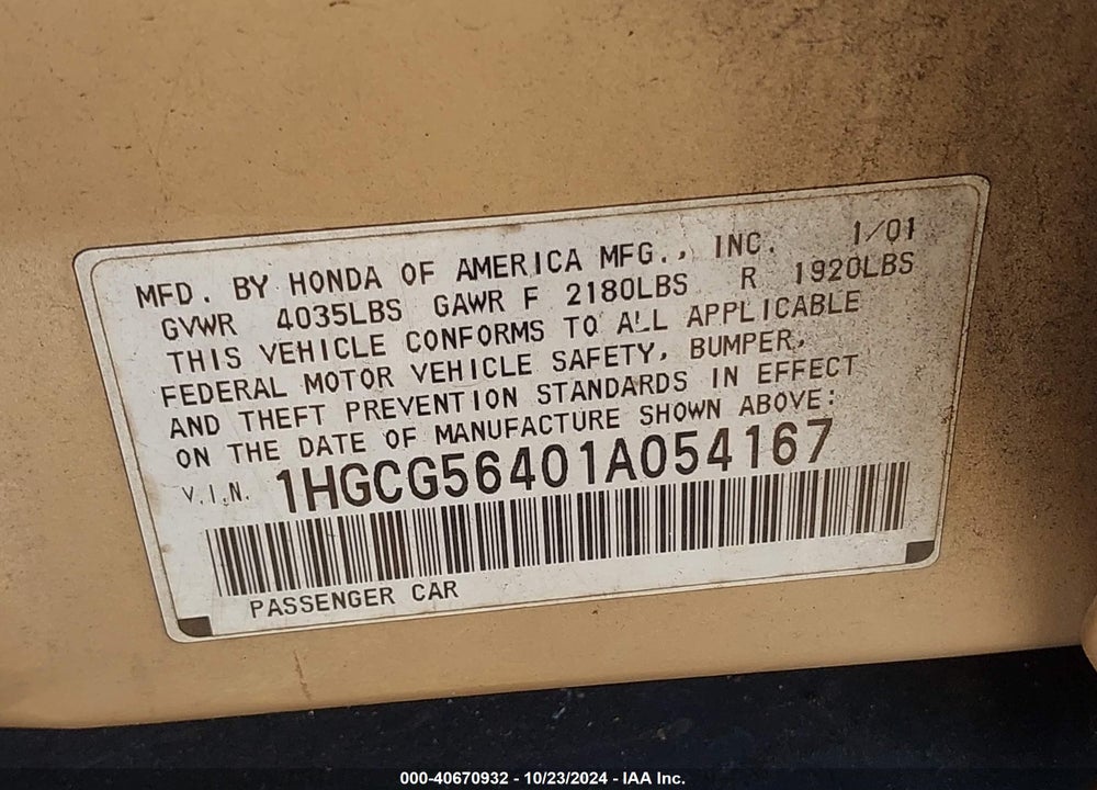 2001 HONDA ACCORD 2.3 LX VIN: 1HGCG56401A054167