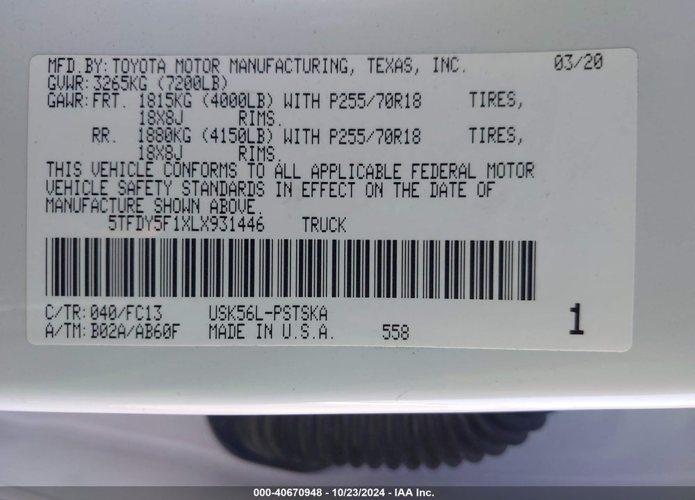2020 TOYOTA TUNDRA SR5 VIN: 5TFDY5F1XLX931446