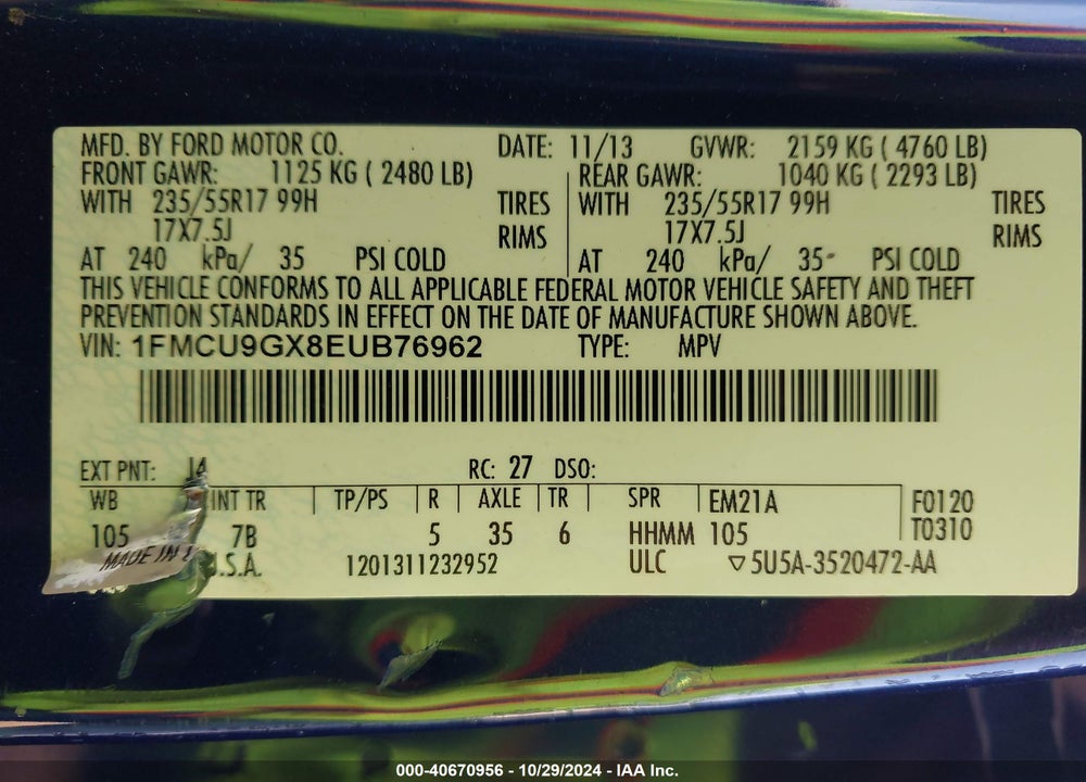 2014 FORD ESCAPE SE VIN: 1FMCU9GX8EUB76962