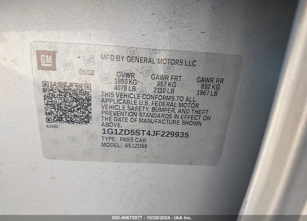 2018 CHEVROLET MALIBU LT VIN: 1G1ZD5ST4JF229935