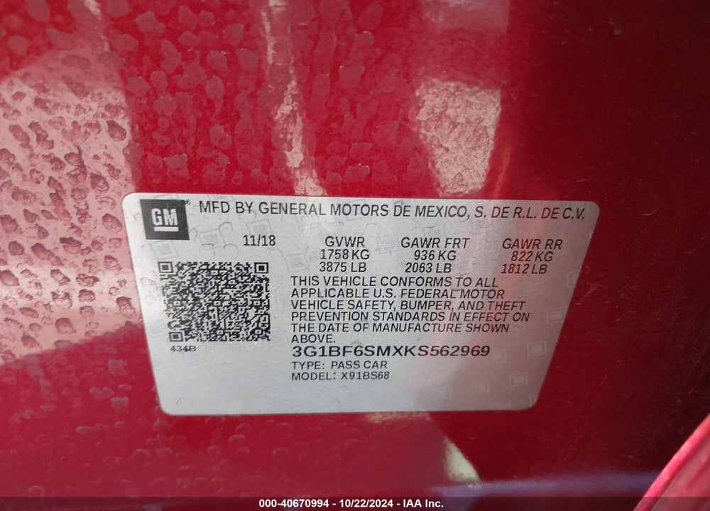 2019 CHEVROLET CRUZE PREMIER VIN: 3G1BF6SMXKS562969