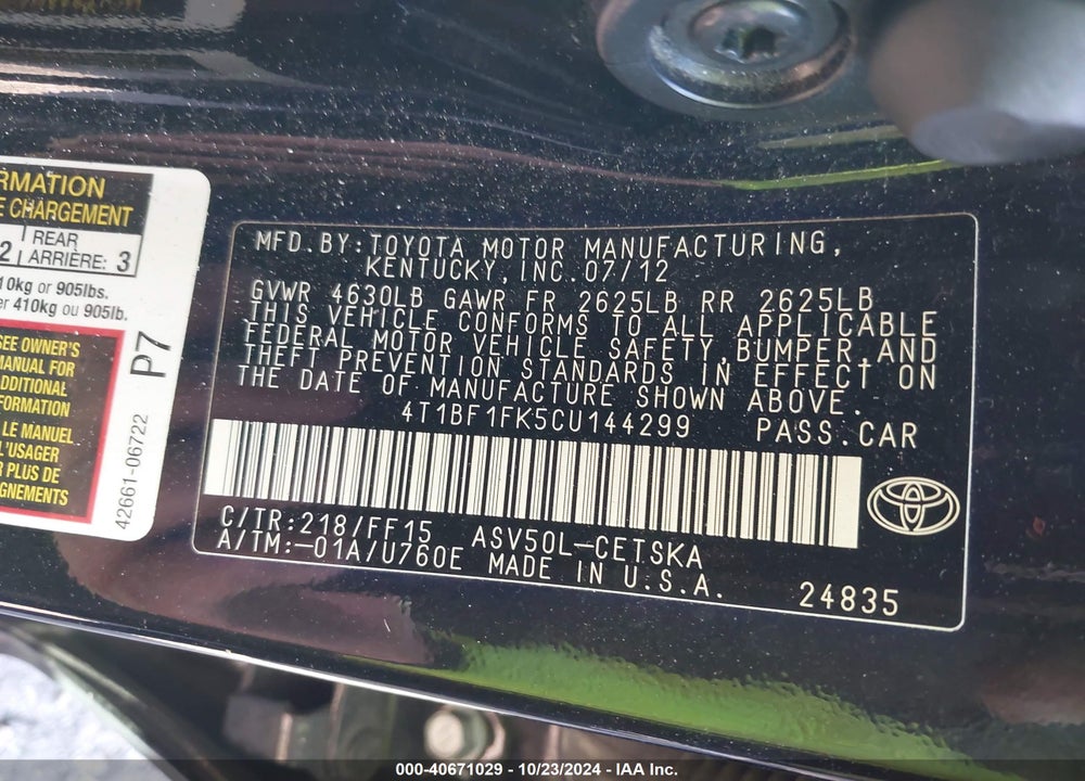 2012 TOYOTA CAMRY SE VIN: 4T1BF1FK5CU144299