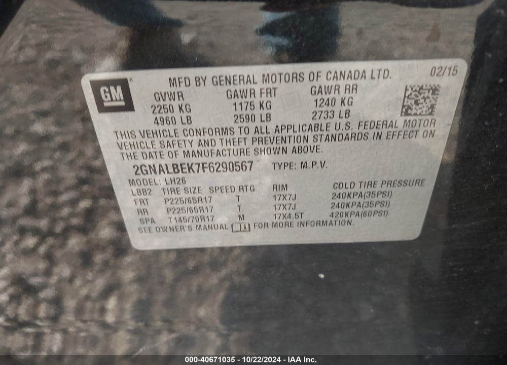 2015 CHEVROLET EQUINOX 1LT VIN: 2GNALBEK7F6290567