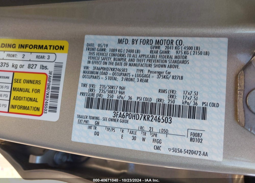 2019 FORD FUSION SE VIN: 3FA6P0HD7KR246503