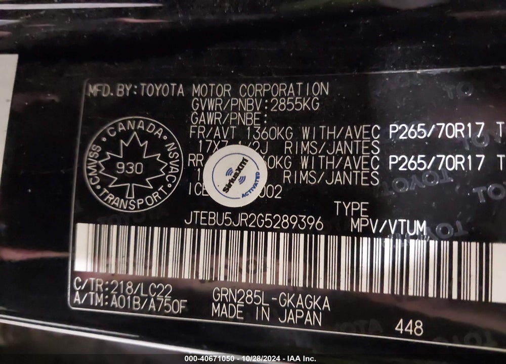 2016 TOYOTA 4RUNNER VIN: JTEBU5JR2G5289396
