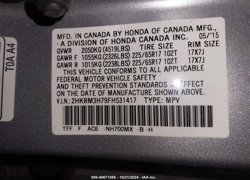 2015 HONDA CR-V EX-L VIN: 2HKRM3H79FH531417
