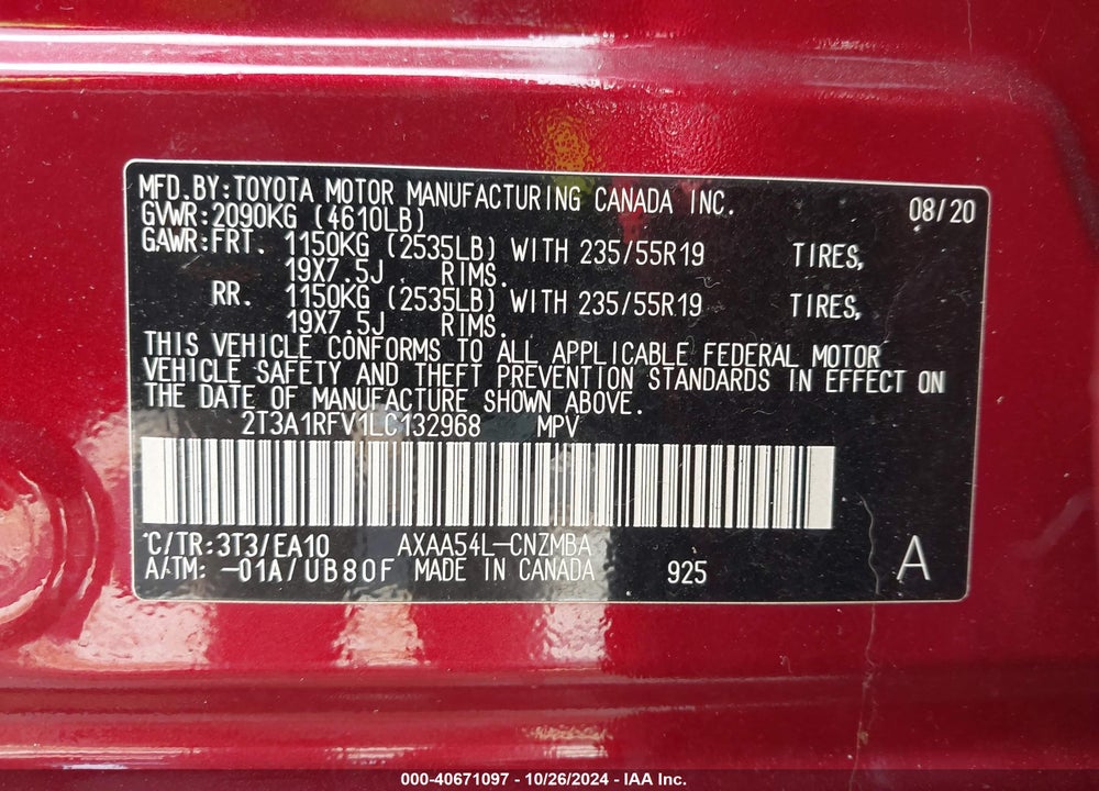 2020 TOYOTA RAV4 XLE PREMIUM VIN: 2T3A1RFV1LC132968