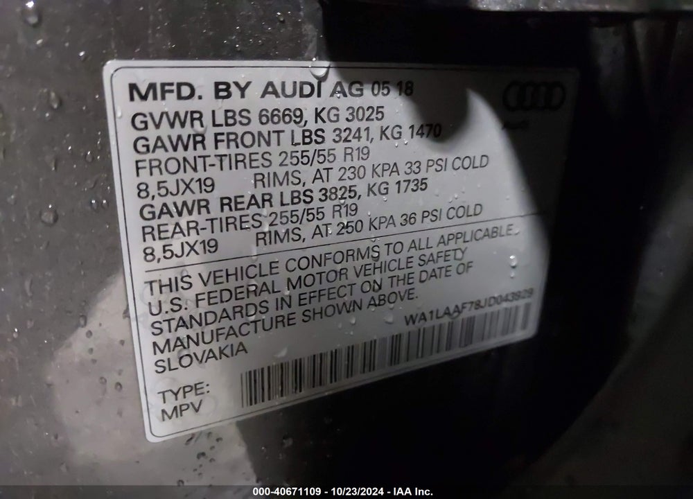 2018 AUDI Q7 3.0T PREMIUM VIN: WA1LAAF78JD043929