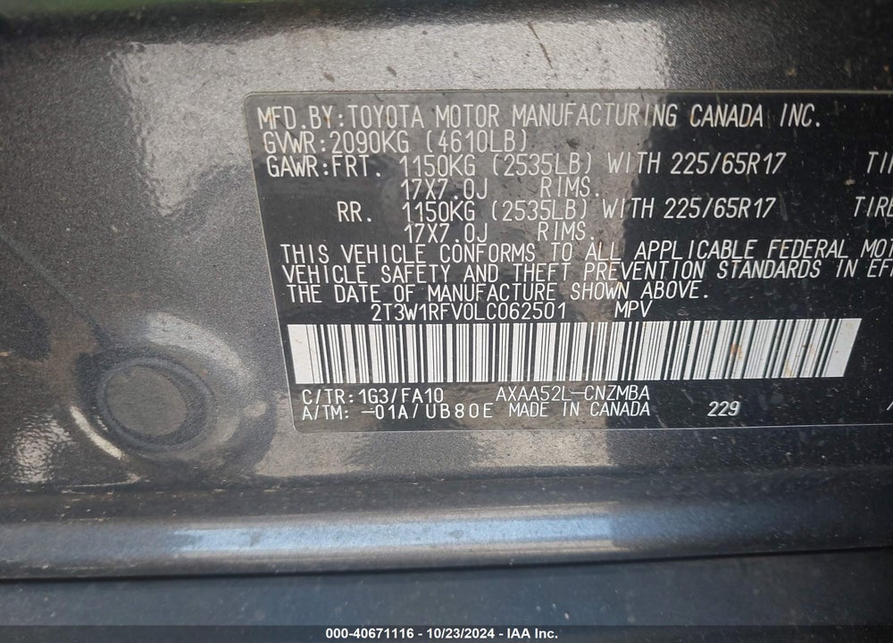 2020 TOYOTA RAV4 XLE VIN: 2T3W1RFV0LC062501