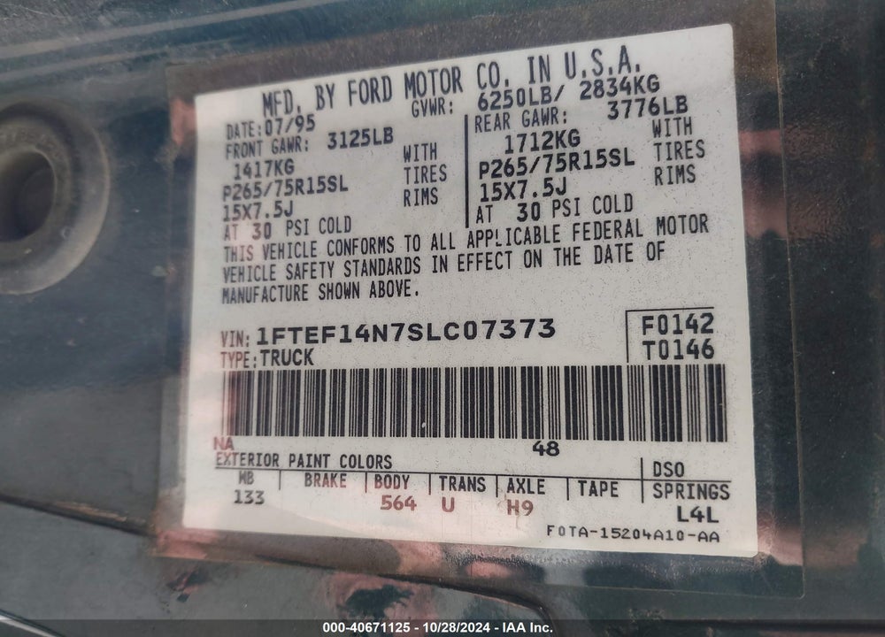 1995 FORD F150 VIN: 1FTEF14N7SLC07373