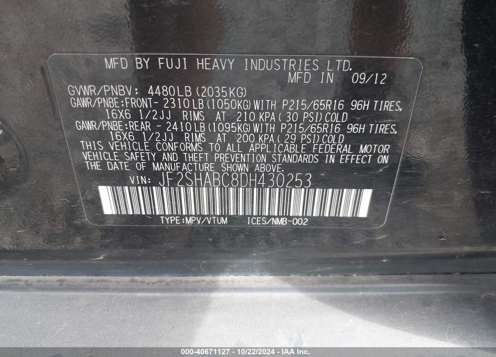 2013 SUBARU FORESTER VIN: JF2SHABC8DH430253