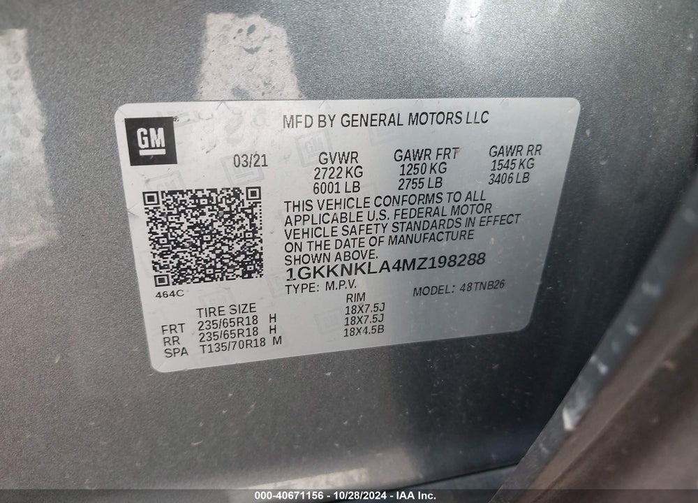 2021 GMC ACADIA FWD SLE VIN: 1GKKNKLA4MZ198288