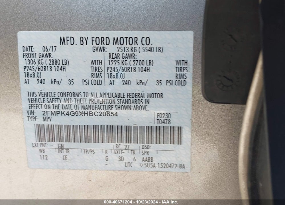2017 FORD EDGE SE VIN: 2FMPK4G9XHBC20854