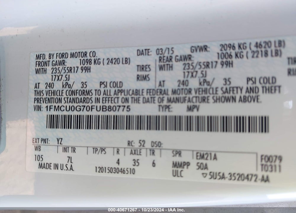 2015 FORD ESCAPE SE VIN: 1FMCU0G70FUB80775