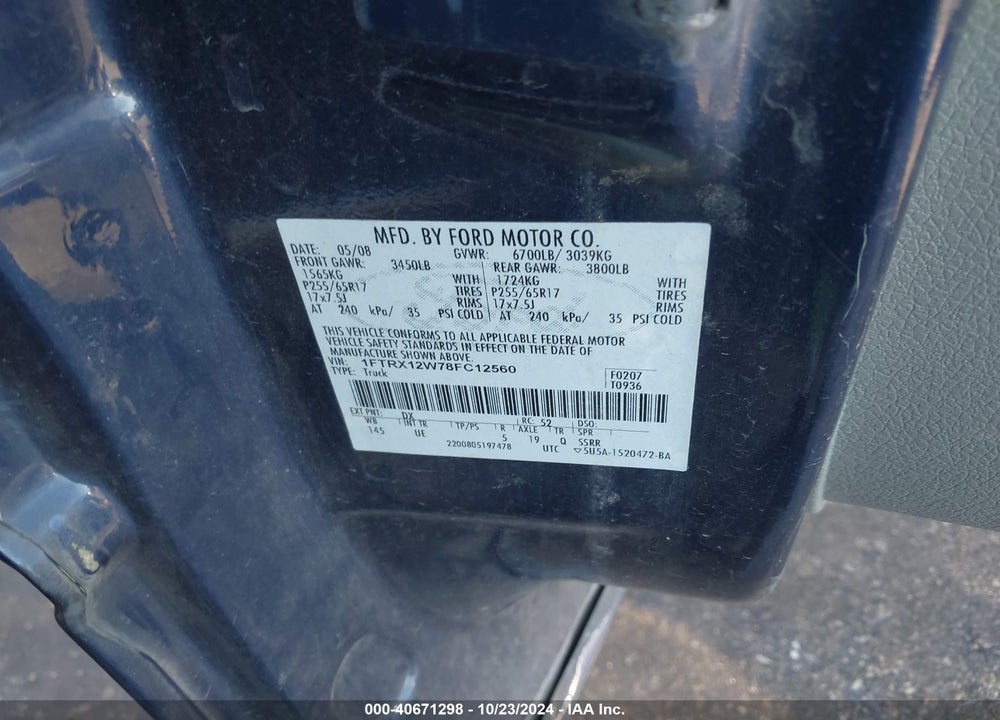 2008 FORD F-150 FX2/STX/XL/XLT VIN: 1FTRX12W78FC12560