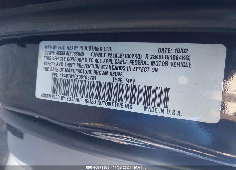 2003 SUBARU BAJA VIN: 4S4BT61C236105731