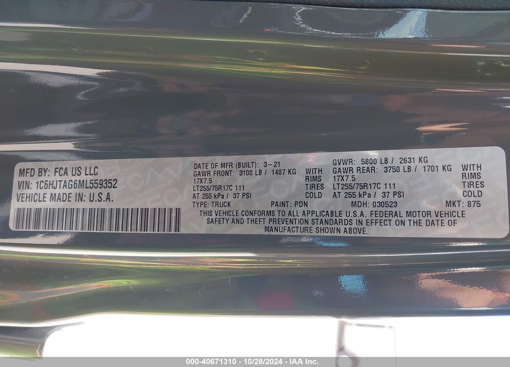 2021 JEEP GLADIATOR TEXAS TRAIL 4X4 VIN: 1C6HJTAG6ML559352