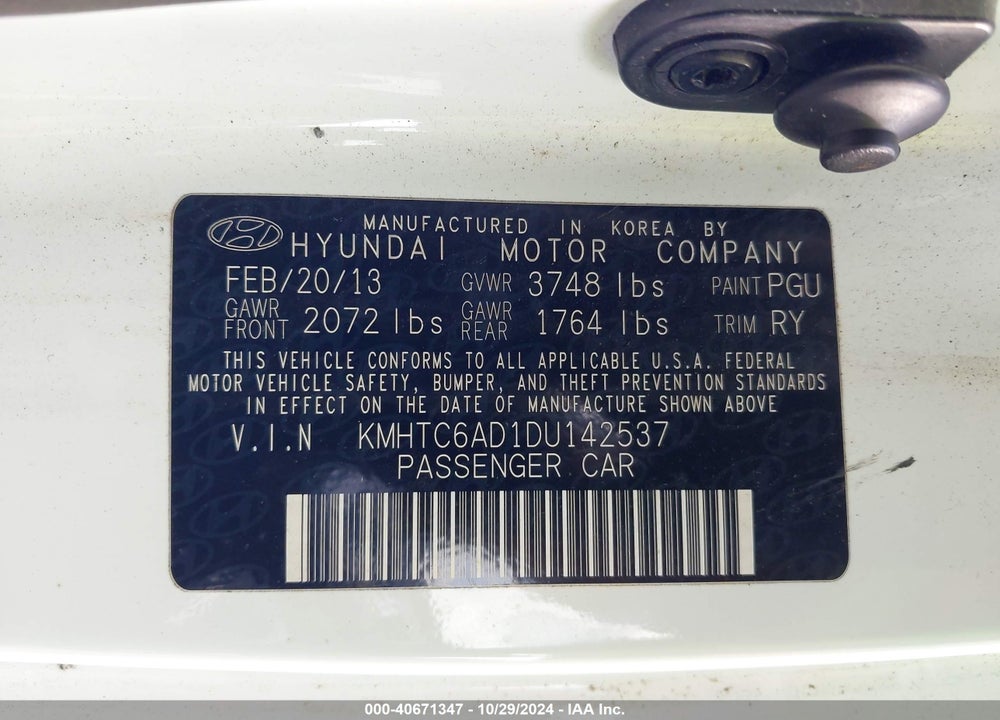 2013 HYUNDAI VELOSTER BASE W/GRAY VIN: KMHTC6AD1DU142537