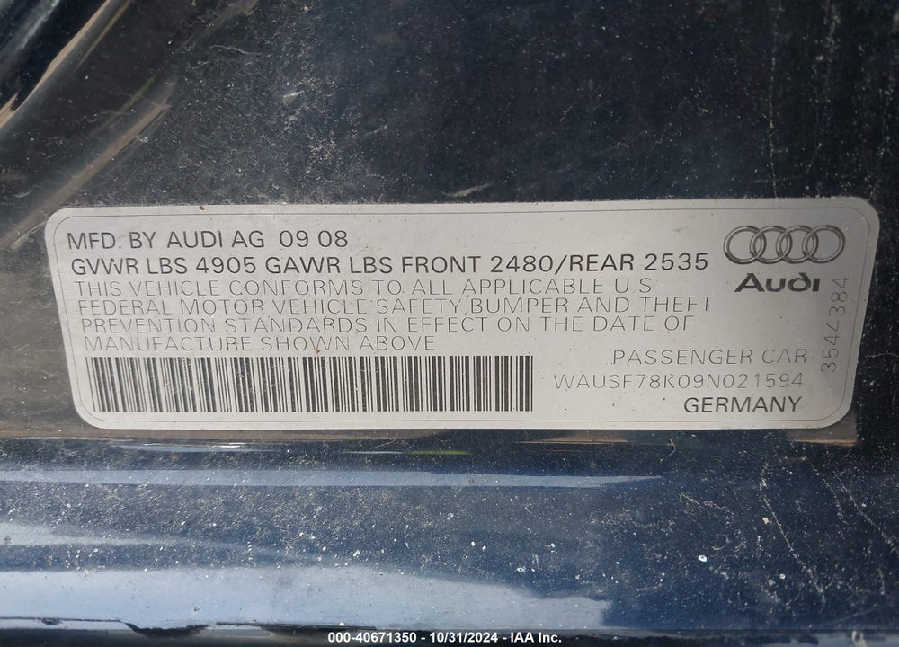 2009 AUDI A4 2.0T PREMIUM VIN: WAUSF78K09N021594