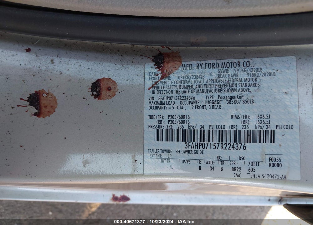 2007 FORD FUSION SE VIN: 3FAHP07157R224376