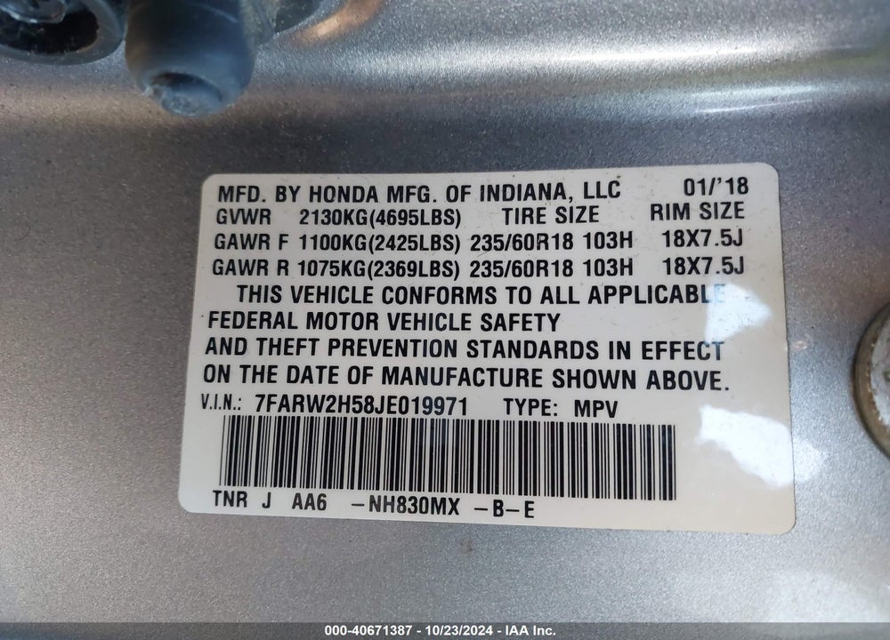 2018 HONDA CR-V EX VIN: 7FARW2H58JE019971