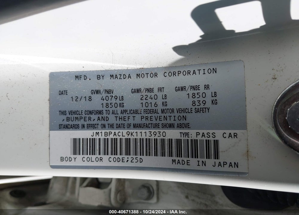 2019 MAZDA MAZDA3 VIN: JM1BPACL9K1113930