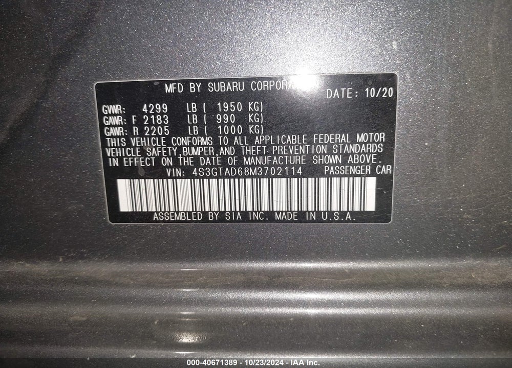 2021 SUBARU IMPREZA PREMIUM 5-DOOR VIN: 4S3GTAD68M3702114