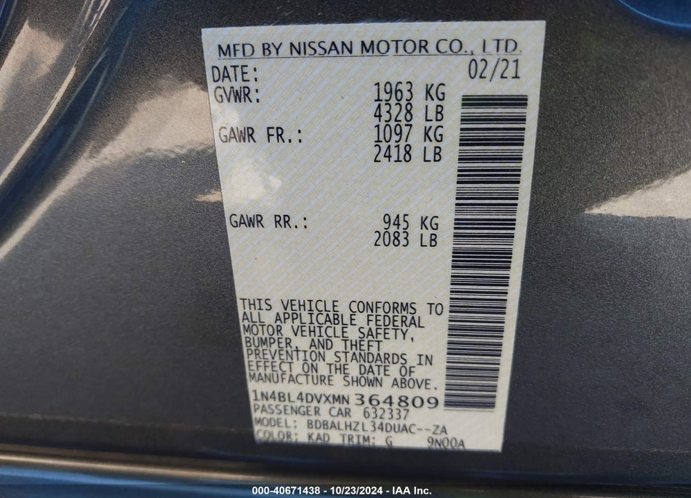 2021 NISSAN ALTIMA SV FWD VIN: 1N4BL4DVXMN364809